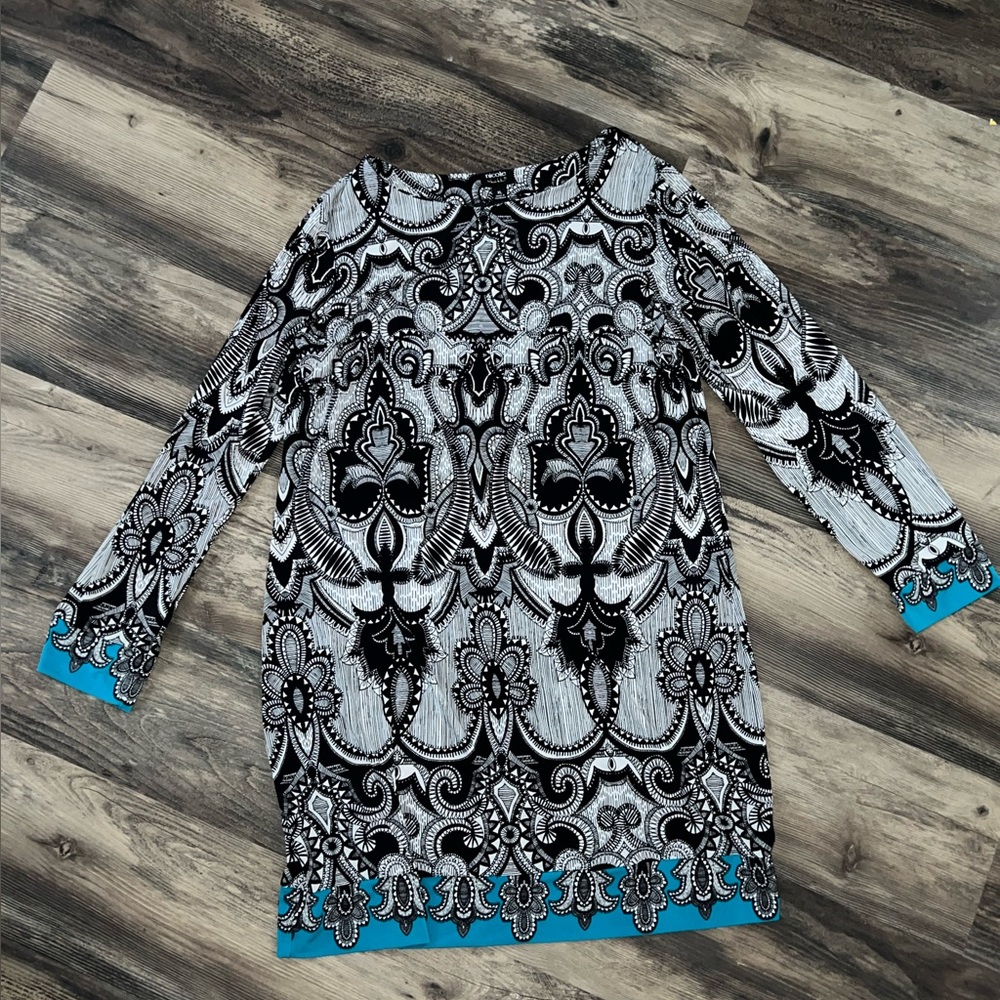 Nicole by Nicole Miller women Dress Black White Teal Tunic long sleeve